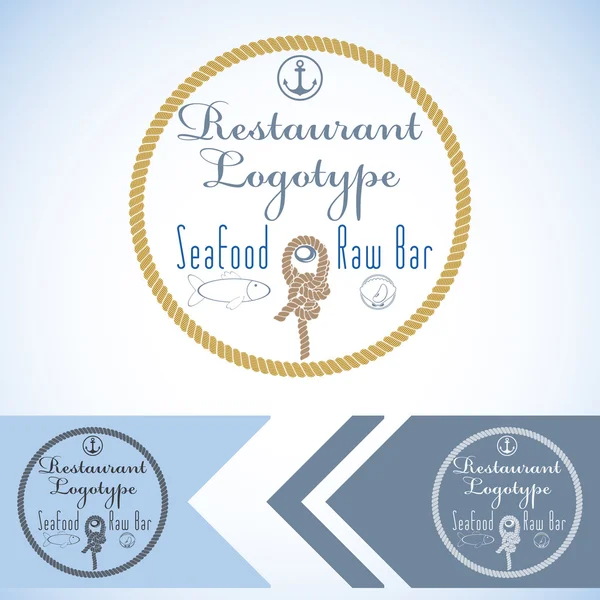 Logotype maqueta para restaurante de mariscos y bar crudo. Diseño gráfico vectorial. con pescado, ostra y cuerda . — Vector de stock