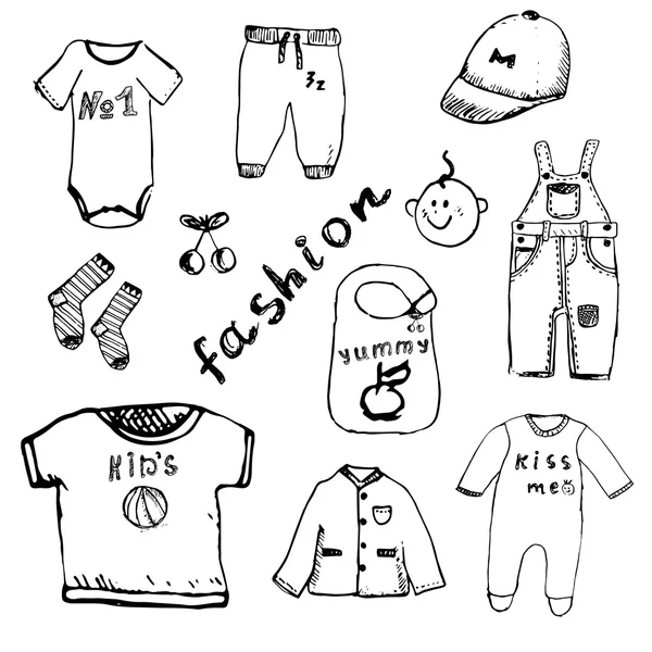 Abbigliamento per neonato set disegno disegnato a mano, isolato su sfondo bianco — Vettoriale Stock