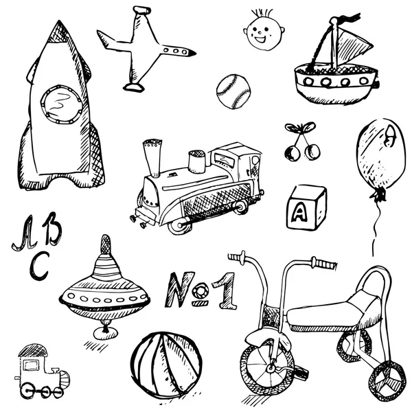 Baby, child toys set hand drawn sketch, isolated on white background — Stock Vector