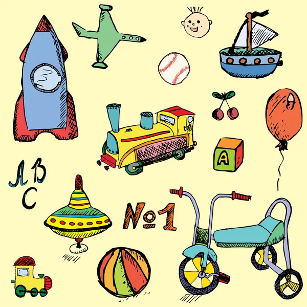 Bebé, juguetes para niños, bosquejo dibujado a mano, coloreado y esbozado — Vector de stock