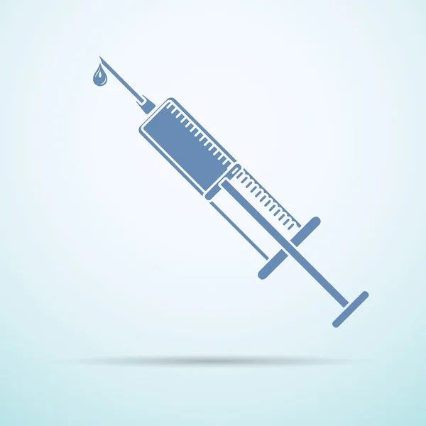 Ícone plano do injetor da seringa do vetor com gota da vacina no fundo azul —  Vetores de Stock
