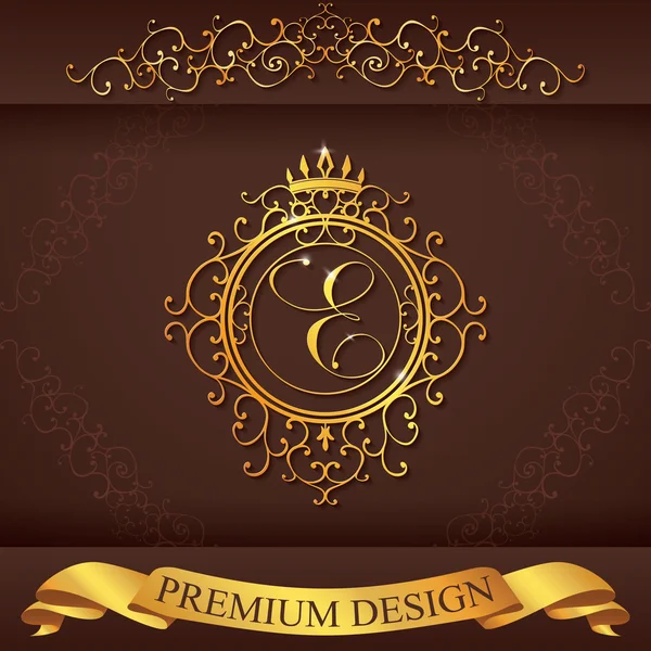 Letter E. Luxury Logo template flourishes calligraphic elegant ornament lines. Business sign, identity for Restaurant, Royalty, Boutique, Hotel, Heraldic, Jewelry, Fashion, vector illustration — Stok Vektör