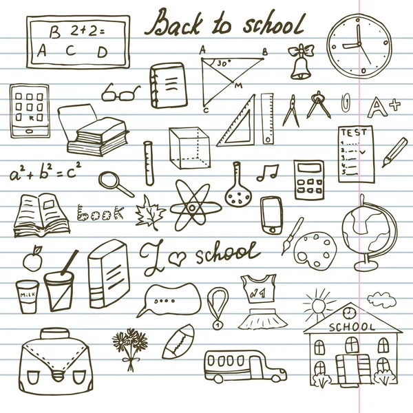 Volver a la escuela Suministros Cuaderno Sketchy Doodles con letras, Elementos de diseño de ilustración de vectores dibujados a mano en fondo de papel de cuaderno forrado Vector de stock