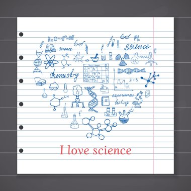 Chemistry and sciense elements doodles icons set. Hand drawn sketch with microscope, formulas, experiments equpment, analysis tools, vector illustration on chalkboard background clipart