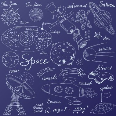 Space doodles icons set. Hand drawn sketch with Solar system, planets meteors and comats, Sun and Moon, radar, astronaut rocket and stars. vector illustration on blue background clipart