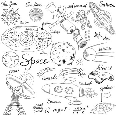 Space doodles icons set. Hand drawn sketch with Solar system, planets meteors and comats, Sun and Moon, radar, astronaut rocket and stars. vector illustration isolated background clipart