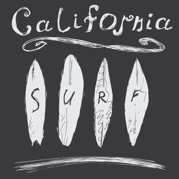 Camiseta Diseño de impresión, gráficos tipográficos Ilustración vectorial de verano Insignia Applique Etiqueta California surf sign — Vector de stock