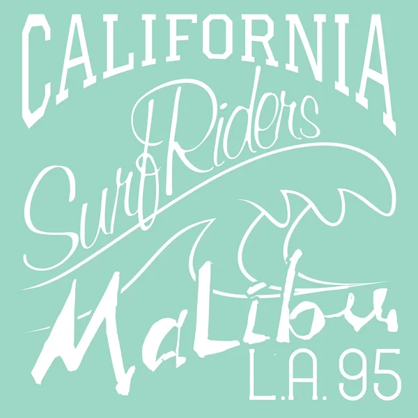 Camiseta Diseño de impresión, gráficos tipográficos Ilustración vectorial de verano Insignia Applique Etiqueta California Malibú beach surf riders L.A. sign — Vector de stock