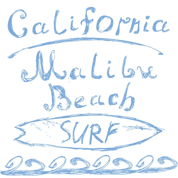 Camiseta Diseño de impresión, gráficos tipográficos Ilustración vectorial de verano Insignia Applique Etiqueta California Malibu beach surf sign — Archivo Imágenes Vectoriales