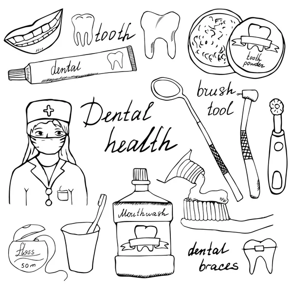 Dental health doodles icons set. Hand drawn sketch with teeth, toothpaste toothbrush dentist mouth wash and floss. vector illustration isolated — Διανυσματικό Αρχείο