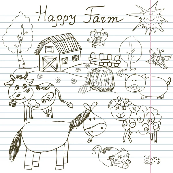 Happy farm doodles icons set. Hand drawn sketch with horse, cow, sheep pig and barn. childlike cartoony sketchy vector illustration on notebook paper background — Wektor stockowy