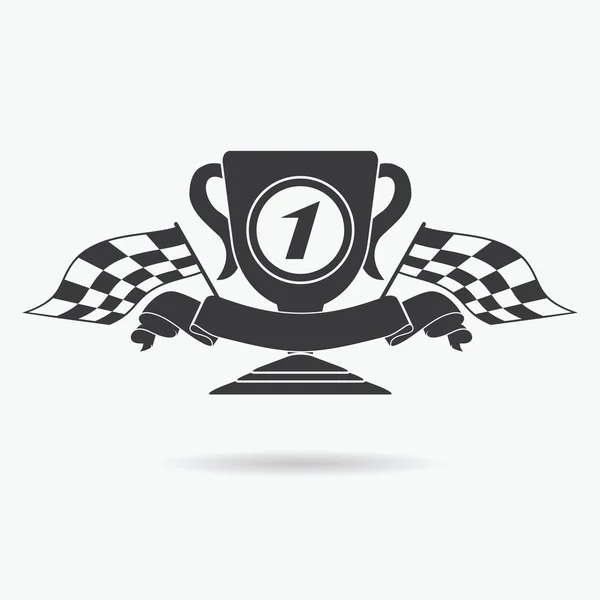 Flag icon. Checkered or racing flags first place prize cup and finish ribbon. Sport auto, speed and success, competition and winner, race rally, vector illustration — Stock Vector