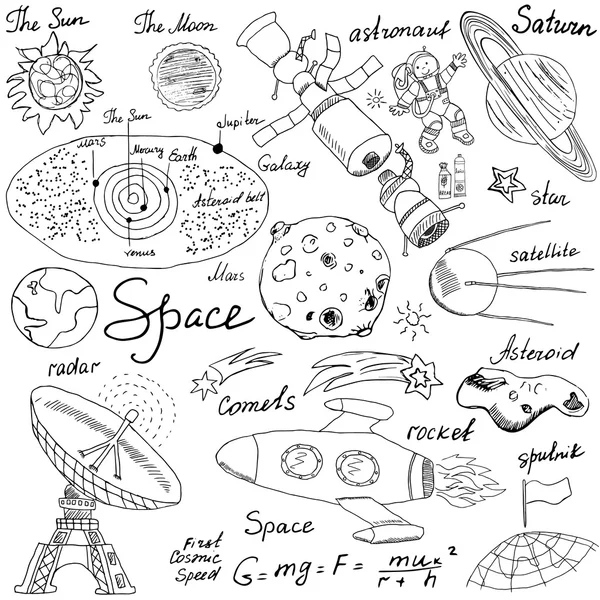 Conjunto de iconos de garabatos espaciales. Dibujo dibujado a mano con el sistema solar, planetas meteoros y comats, Sol y Luna, radar, cohete astronauta y estrellas. vector ilustración aislado fondo — Archivo Imágenes Vectoriales