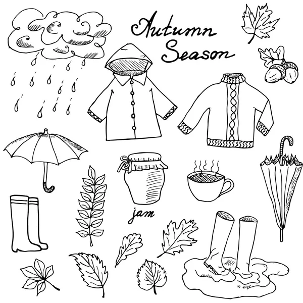 Autumn season set doodles elements. Hand drawn set with umprella cuo of hot tea, rain, rubber boots, clothes and leevs collection. Drawing doodle collection, isolated on white background — ストックベクタ