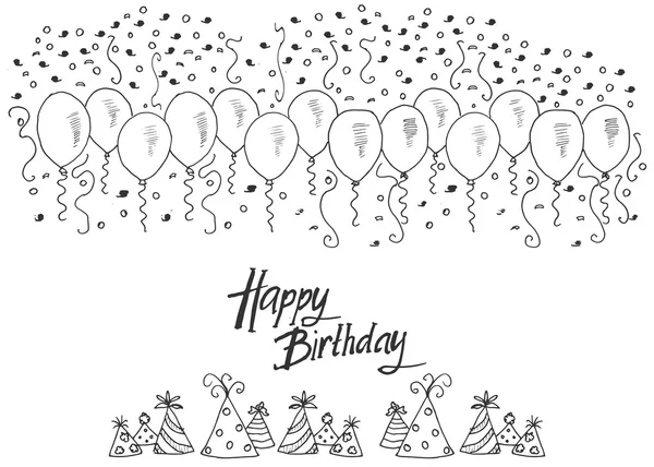 Hand drawn party background with balloons, confetti and party hats, hand writen lettering text happy birthday, isolated on white — Wektor stockowy