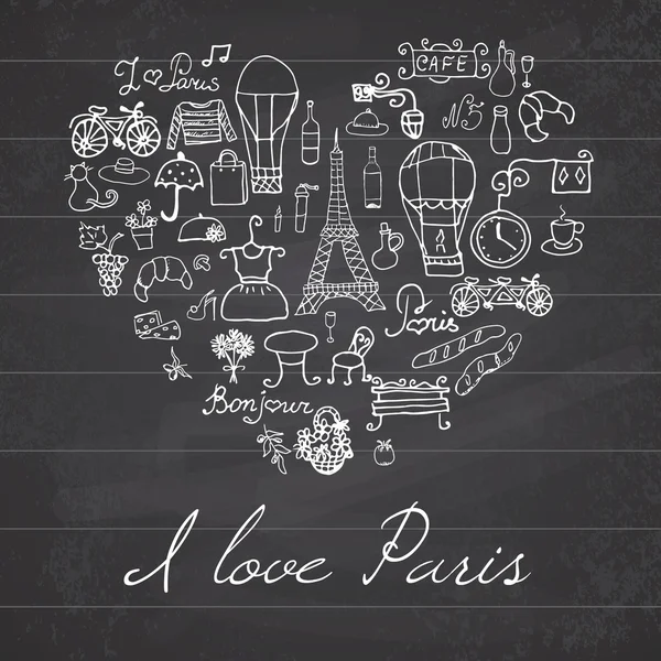 Paris doodles elements. Hand drawn set withefel tower bred cafe flowers and bicycle. Drawing doodle collection, in heart shape, on chalkboard background. — Stock Vector