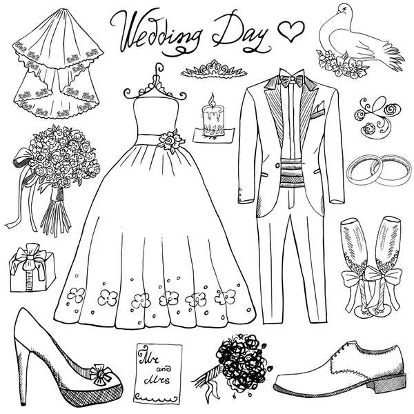 Elementos del día de la boda. Conjunto dibujado a mano con flores vestido de novia vela y traje de esmoquin, zapatos, gafas para champaign y atributos festivos. Dibujo colección doodle, aislado sobre fondo blanco — Vector de stock