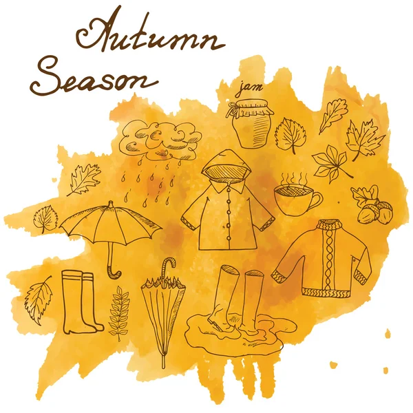 Autumn season set doodles elements. Hand drawn set with umprella cuo of hot tea, rain, rubber boots, clothes and leevs collection. Drawing doodle collection, on on watercolor stain — Stock Vector
