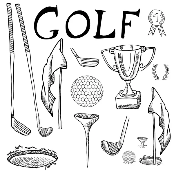 Golf Sport Hand drawn sketch set vector illustration with golf clubs, ball, tee, hole with flag, and prize cup, Drawing doodles elements collection, isolated on white background — Stok Vektör