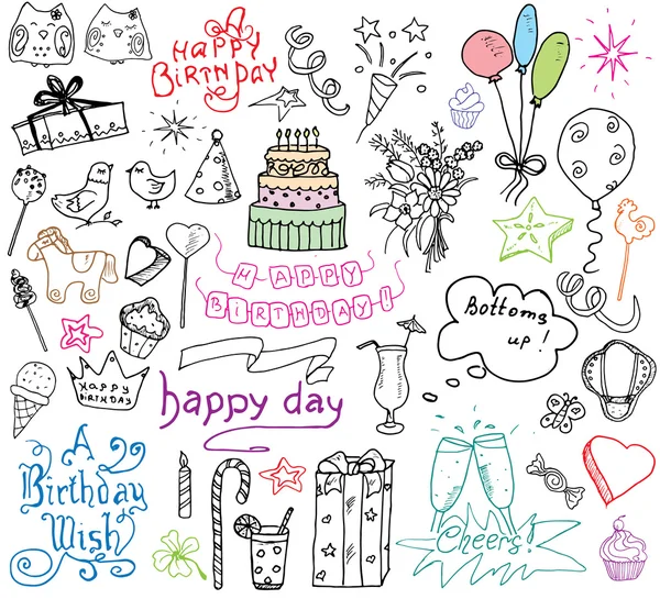 Elementi di compleanno. Set disegnato a mano con torta di compleanno, palloncini, regalo e attributi festivi. Bambini che disegnano collezione di scarabocchi, isolati su sfondo bianco — Vettoriale Stock