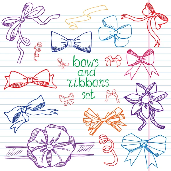 Hand drawn ribbons and bows set vector illustration. A collection of graphic ribbons and bows, design elements set — Stock Vector