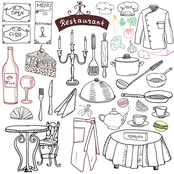 Restaurant sketch doodles set. Hand drawn elements food and drink, knife, fork, menu, chef uniform, wine bottle, waiter apron Drawing doodle collection, isolated on white — 스톡 벡터