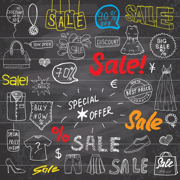Sale signs and price discount tags, shopping associated symbols. Hand-Drawn set of design elements with hand written Lettering.  Vector Illustration Sketchy Doodles on chalkboard background — ストックベクタ