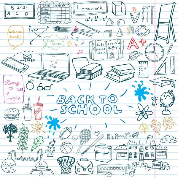 Volver a la escuela Suministros Cuaderno Sketchy Doodles conjunto con letras, Elementos de diseño de ilustración vectorial dibujado a mano en el cuaderno de bocetos forrado en el fondo de pizarra — Vector de stock