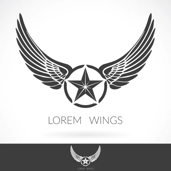Wing modello di logo astratto con stella nell'etichetta distintivo centrale, icona emblema — Vettoriale Stock