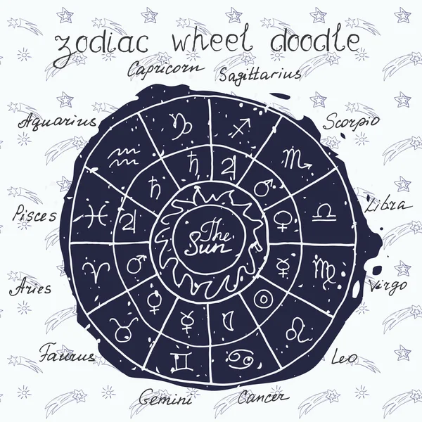 Colección de signos del zodiaco garabato. Dibujo dibujado a mano Zodiac rueda vector ilustración, Horóscopos Símbolo iconos gráficos conjunto — Archivo Imágenes Vectoriales