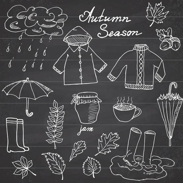 Autumn season set doodles elements. Hand drawn set with umprella cuo of hot tea, rain, rubber boots, clothes and leevs collection. Drawing doodle collection, on chalkboard background — Stock Vector