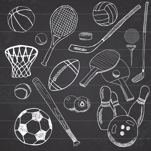 Sportbälle handgezeichnetes Sketch-Set mit Baseball, Bowling, Tennisfußball, Golfbällen und anderen Sportartikeln. Zeichnen Doodles Elemente. Kollektion, isoliert auf weißem Hintergrund — Stockvektor