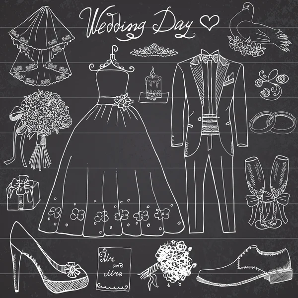 Les éléments du jour du mariage. Ensemble dessiné à la main avec des fleurs robe de mariée bougie et costume de smoking, chaussures, verres pour championnats et attributs festifs. Dessin collection doodle, sur fond de tableau — Image vectorielle