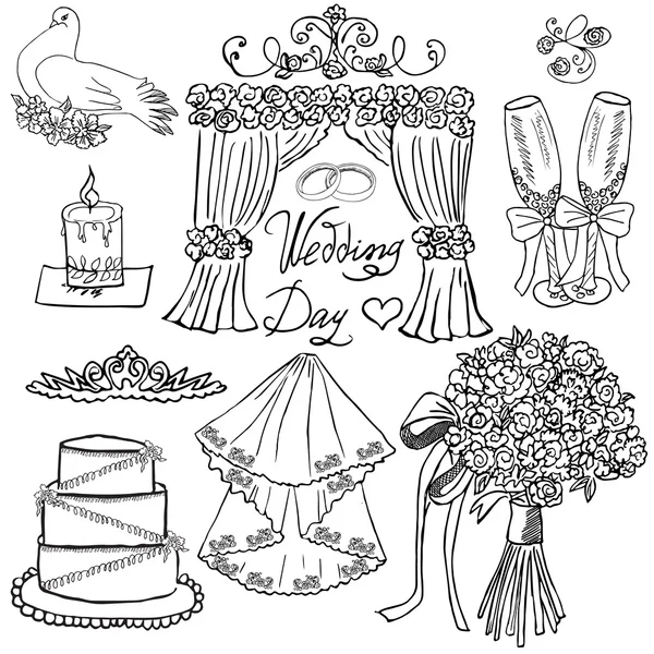 Elementos del día de la boda. Set dibujado a mano con flores, velas, copas para champaign y atributos festivos. Dibujo colección doodle, aislado sobre fondo blanco — Vector de stock