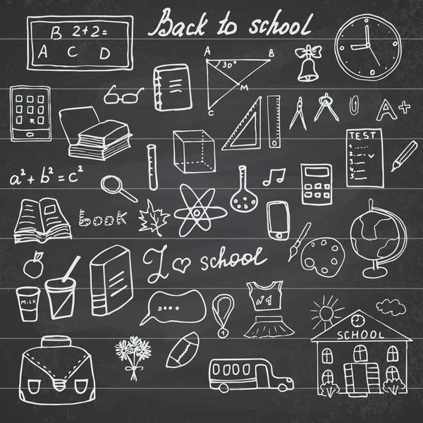 Back to School Supplies Sketchy Notebook Doodles set with Lettering, Hand-Drawn Vector Illustration Design Elements on Lined Sketchbook on chalkboard background Royaltyfria Stockvektorer