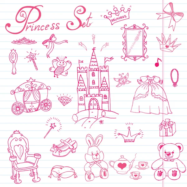 Hand drawn vector illustration set of princess sign, Castel, throne and carriage, magic wand, mirror, stuffed toy, croun and jewlery, cute items doodles elements — Stok Vektör