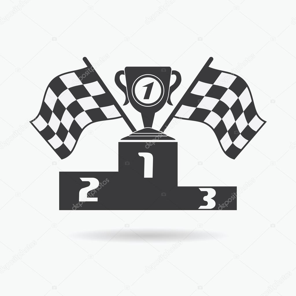 Flag icon. Checkered or racing flags first place prize cup and winners podium. Sport auto, speed and success, competition and winner, race rally, vector illustration.