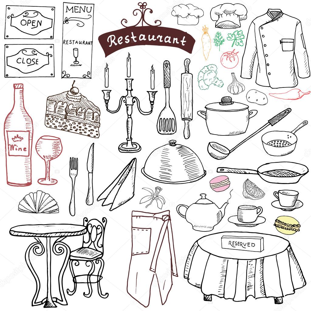 Paris doodles elements. Hand drawn set with eiffel tower bred cafe, taxi triumf arch, Notre Dame cathedral, facion elements, cat and french bulldog. Drawing doodle collection, isolated on white