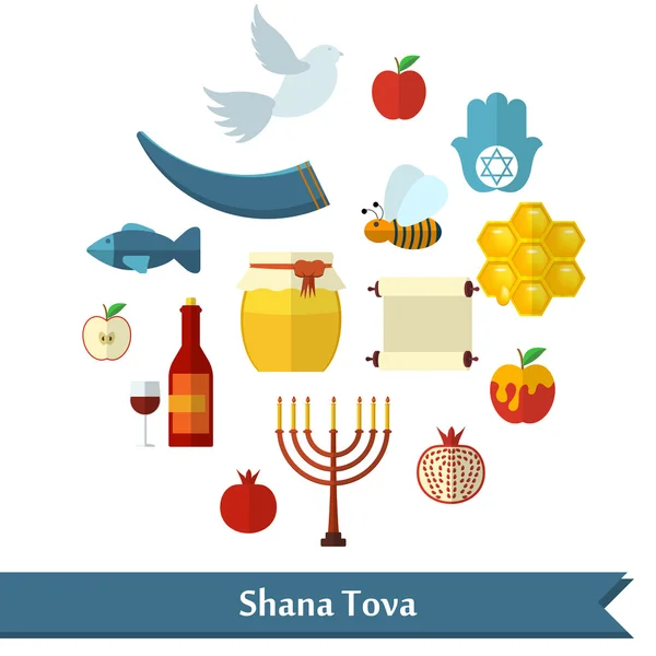 Rosh Hashanah, Shana Tova eller Jødisk nyttårs flate vektorikoner med honning, epler, fisk, bier, flaske, torah og andre tradisjonelle varer i rund form – stockvektor