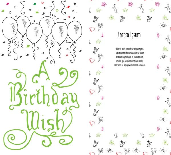 Biglietto di auguri di compleanno disegnato a mano, sfondo festa con palloncini, coriandoli, scritte a mano testo auguri di compleanno — Vettoriale Stock