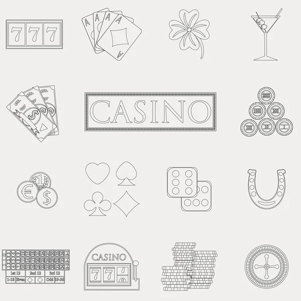 Casinò e linea di gioco d'azzardo icone con slot machine e roulette, chip, carte da poker, soldi, dadi, monete, ferro di cavallo disegno piatto vettoriale illustrazione — Vettoriale Stock