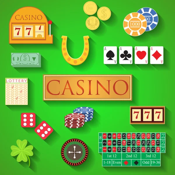 Elementi del casinò Design piatto illustrazione vettoriale moderna di articoli da casinò, chip di gioco, carte da poker, roulette, soldi, dadi, asso, moneta, contanti, ferro di cavallo, bandito, trifoglio, icone della lotteria con lunga ombra — Vettoriale Stock