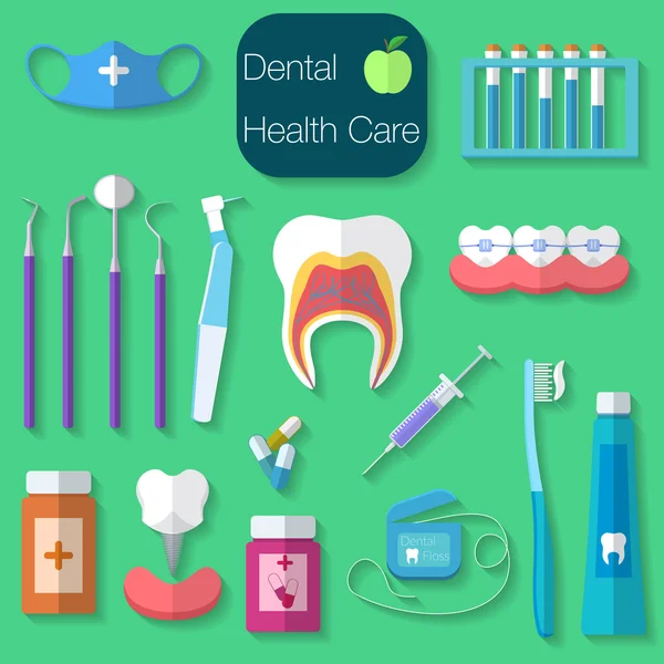 Dental design plano Ilustração vetorial com fio dental, dentes, boca, pasta de dente e escova, medicina, seringa e instrumentos odontológicos . — Vetor de Stock