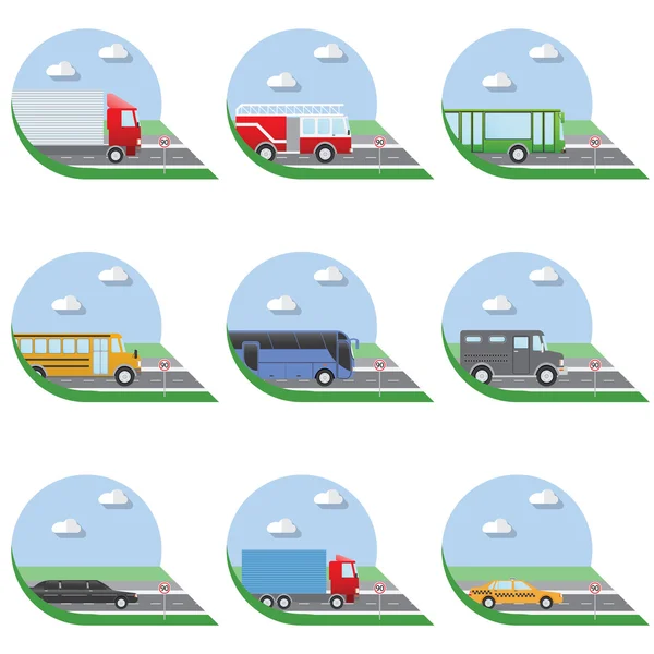 Diseño plano vector ilustración ciudad Transporte Iconos planos. Camiones, autobuses, taxis, limusinas, camiones de bomberos y autobuses escolares — Vector de stock