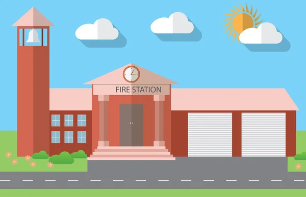 Flat design vector illustration of fire station building in flat design style, vector illustration — Stockvector