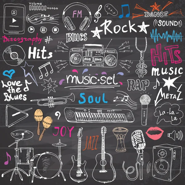 Music items doodle icons set. Hand drawn sketch with notes, instruments, microphone, guitar, headphone, drums, music player and music styles lettering signs, vector illustration, chalkboard background — Διανυσματικό Αρχείο