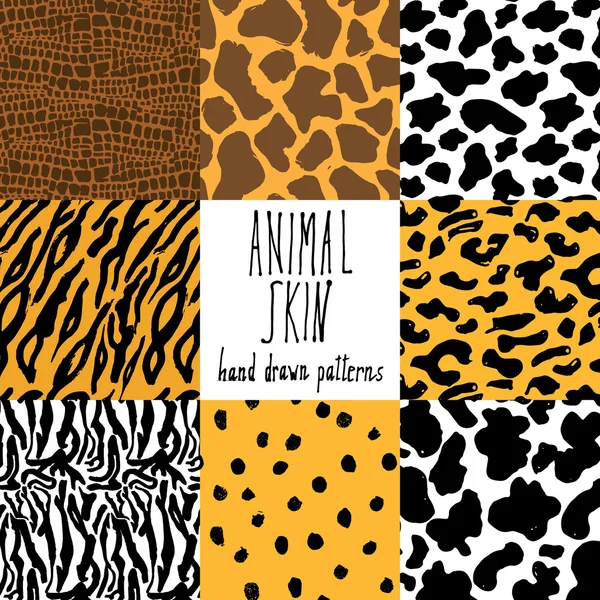 Animal skin hand drawn texture, Vector seamless pattern set, sketch drawing cheetah, cow, clocodile, tiger zeebra and giraffe skin textures — Stok Vektör