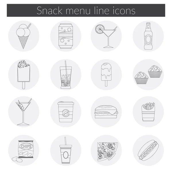 Snack Menu line icons set vector illustration of food, drink, coffee, hamburger, pizza, beer, cocktail, fastfood, cola, ice cream, potato chips, candy icons with long shadow — Stock Vector