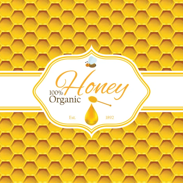 Plantilla de etiqueta de miel para productos con logotipo de miel con abeja y gota de miel sobre fondo de patrón colorido Honeycomb — Vector de stock