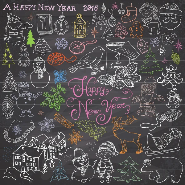 Hand getrokken schets ontwerp van gelukkig Nieuwjaar 2016 Doodles met belettering set, met Kerstmis bomen sneeuwvlokken, sneeuwpop, elfs, hert, kerstman en feestelijke elementen, vectorillustratie op schoolbord — Stockvector